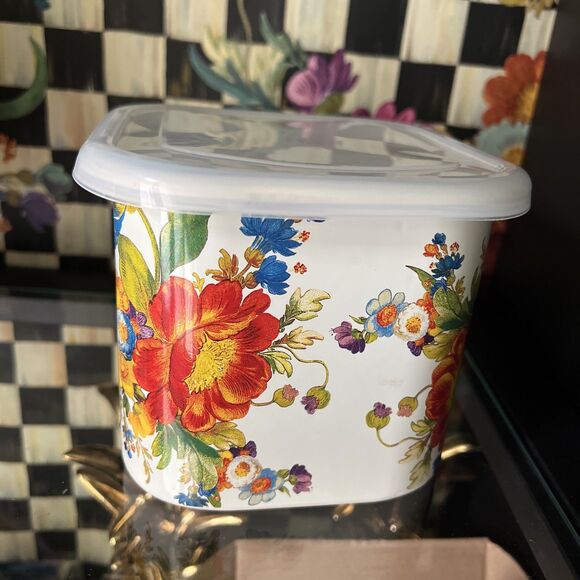 MACKENZIE-CHILDS White Flower Market  4.5" Deep Squarage STORAGE BOX w/ Lid Bowl - Picture 1 of 7